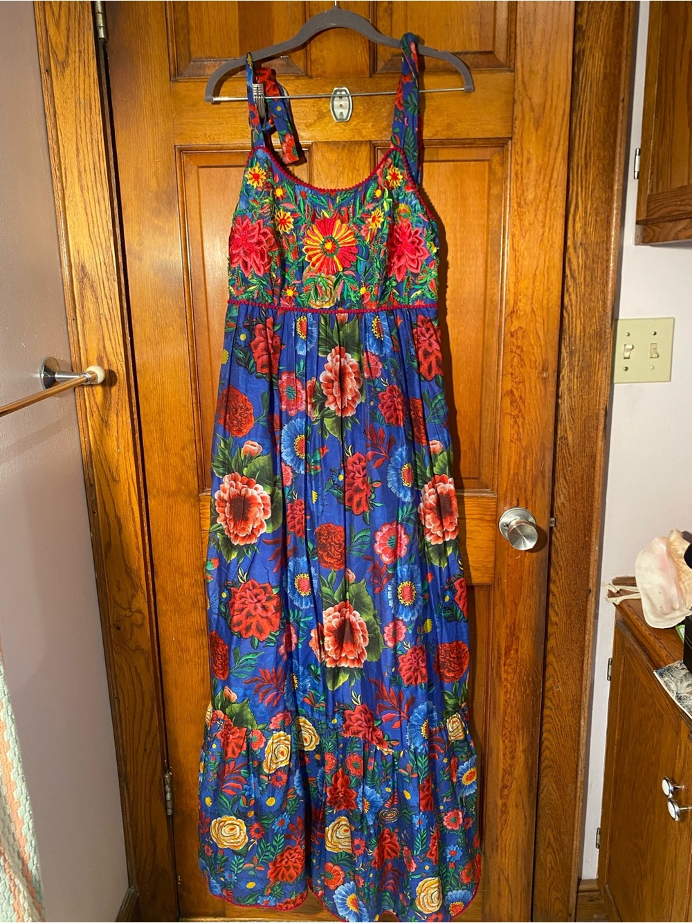 Embroidered Floral Blue Maxi Dress with Straps